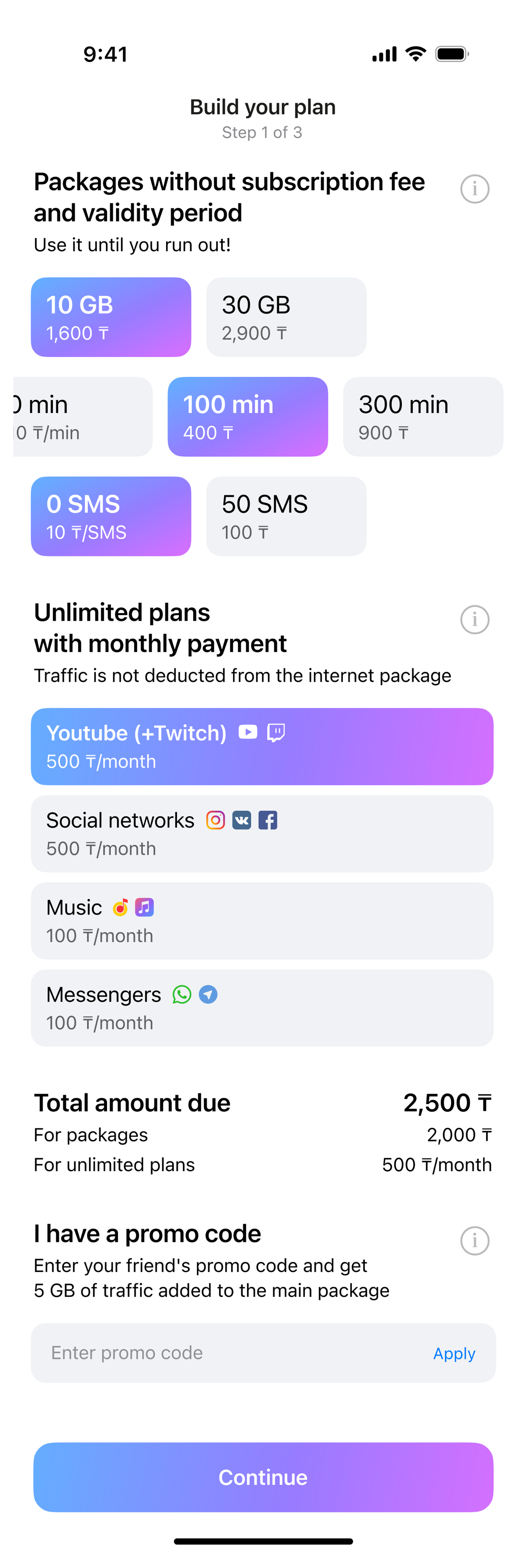 Build your plan: choose data, minutes, and optional packages
