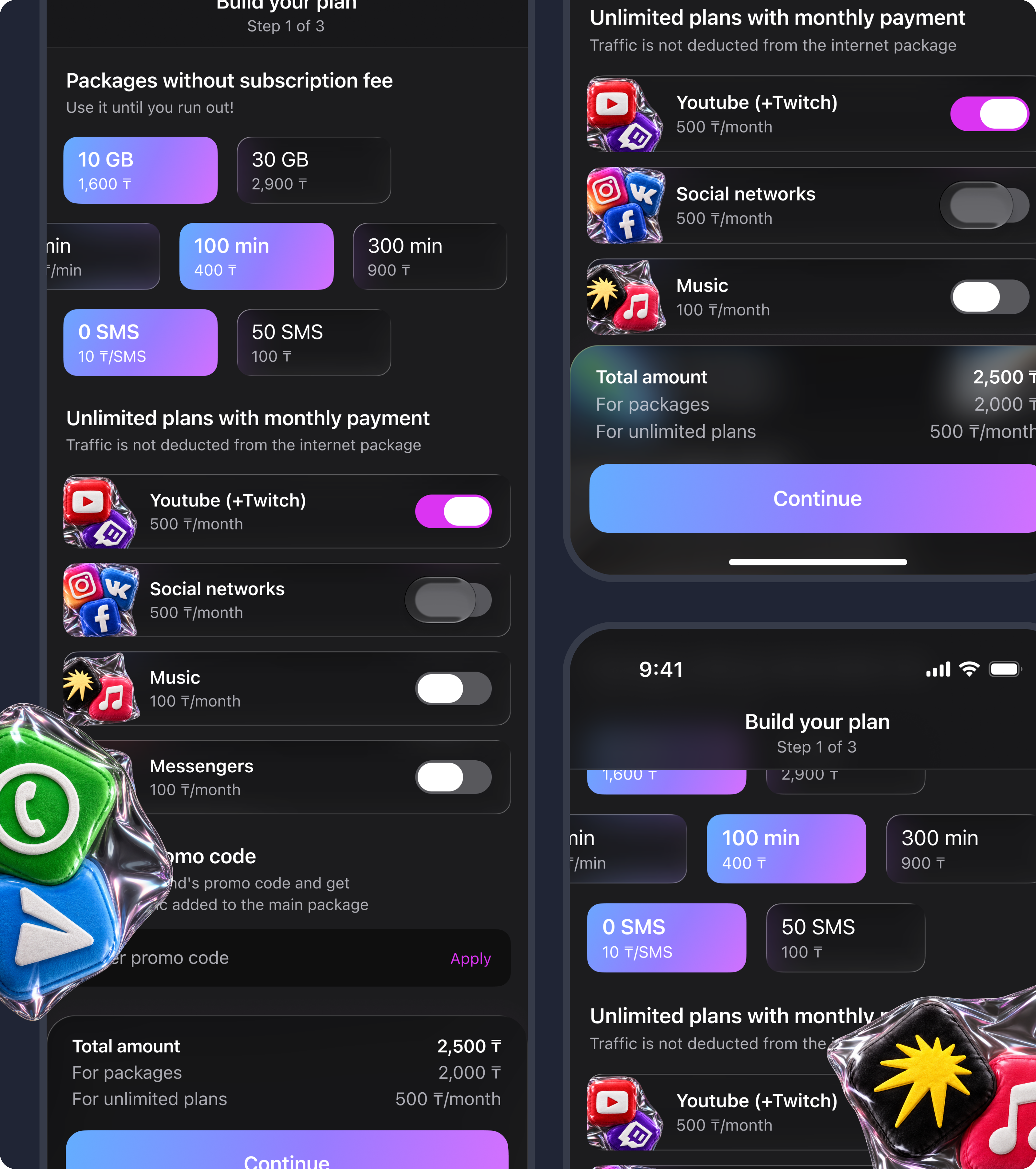 Personal concept for izi’s plan builder eight years later, with a dark interface, optional plan switches, and a bottom total panel