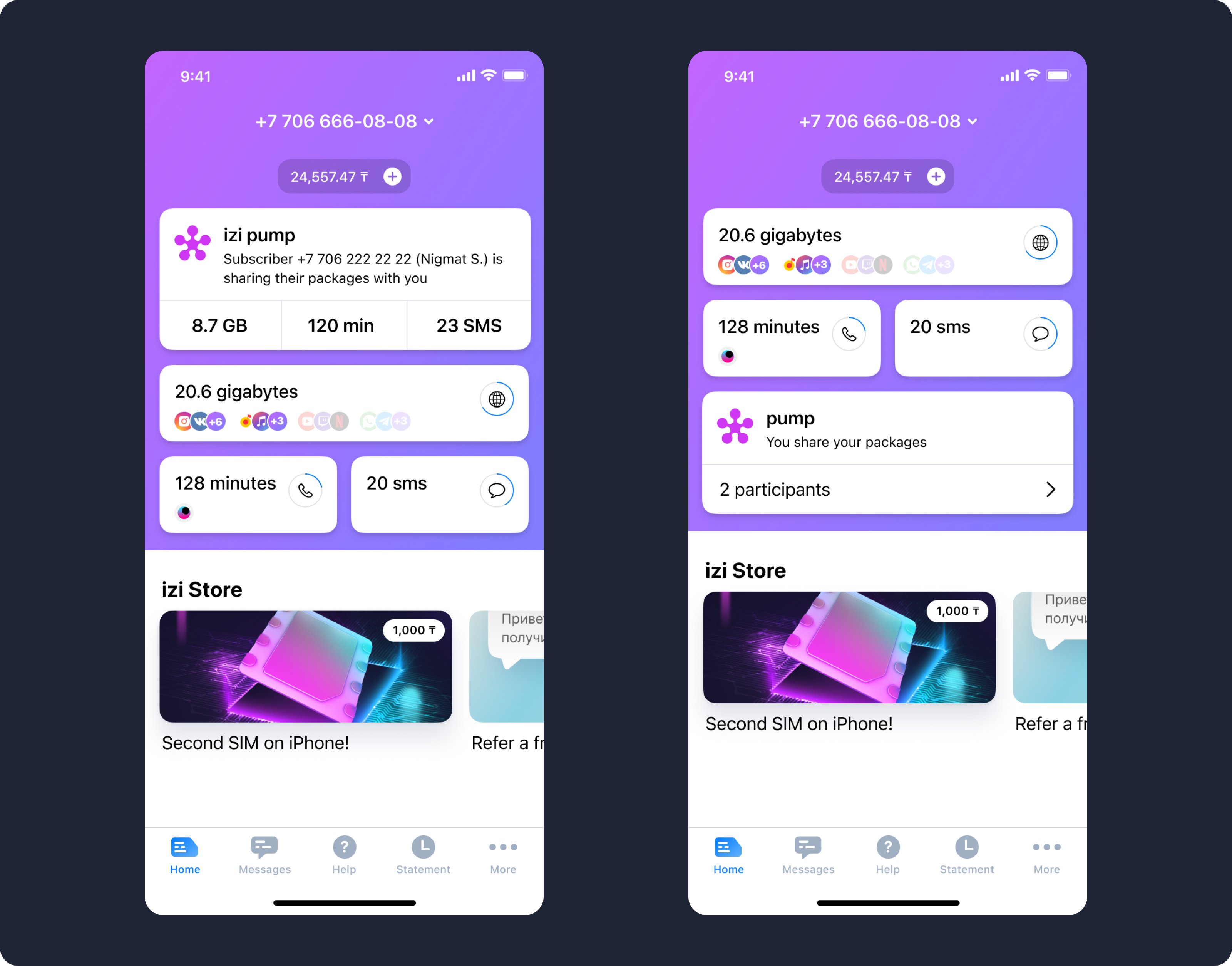izi Pump: shared packages shown for the recipient and the package owner